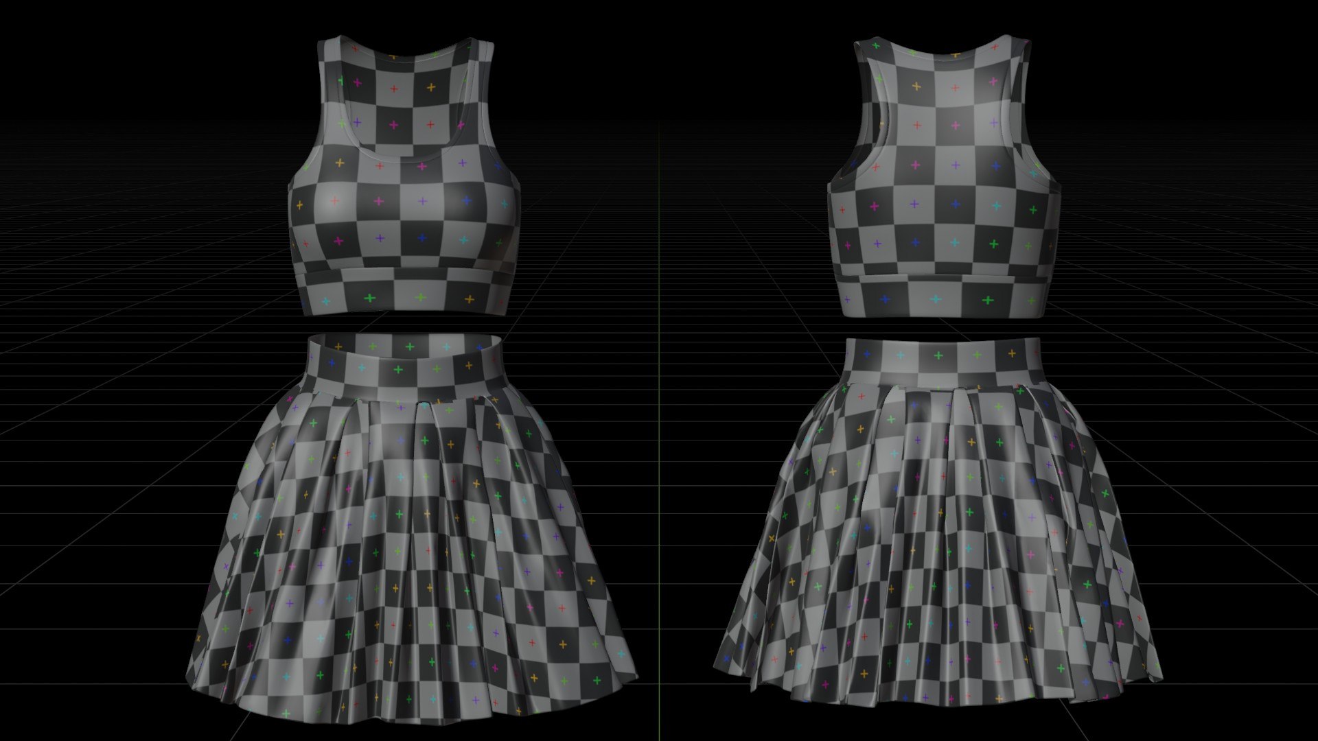 Black and White Sports Wear Tennis Outfit Set - Sports Bra Tank Top with Pleated Mini Skirt Clothing 3D model https://p.turbosquid.com/ts-thumb/x5/8LQvHN/ff/uvgrid/jpg/1783085086/1920x1080/fit_q87/d09338aabd6cfd37c79ff80bc520838c0b1556ae/uvgrid.jpg