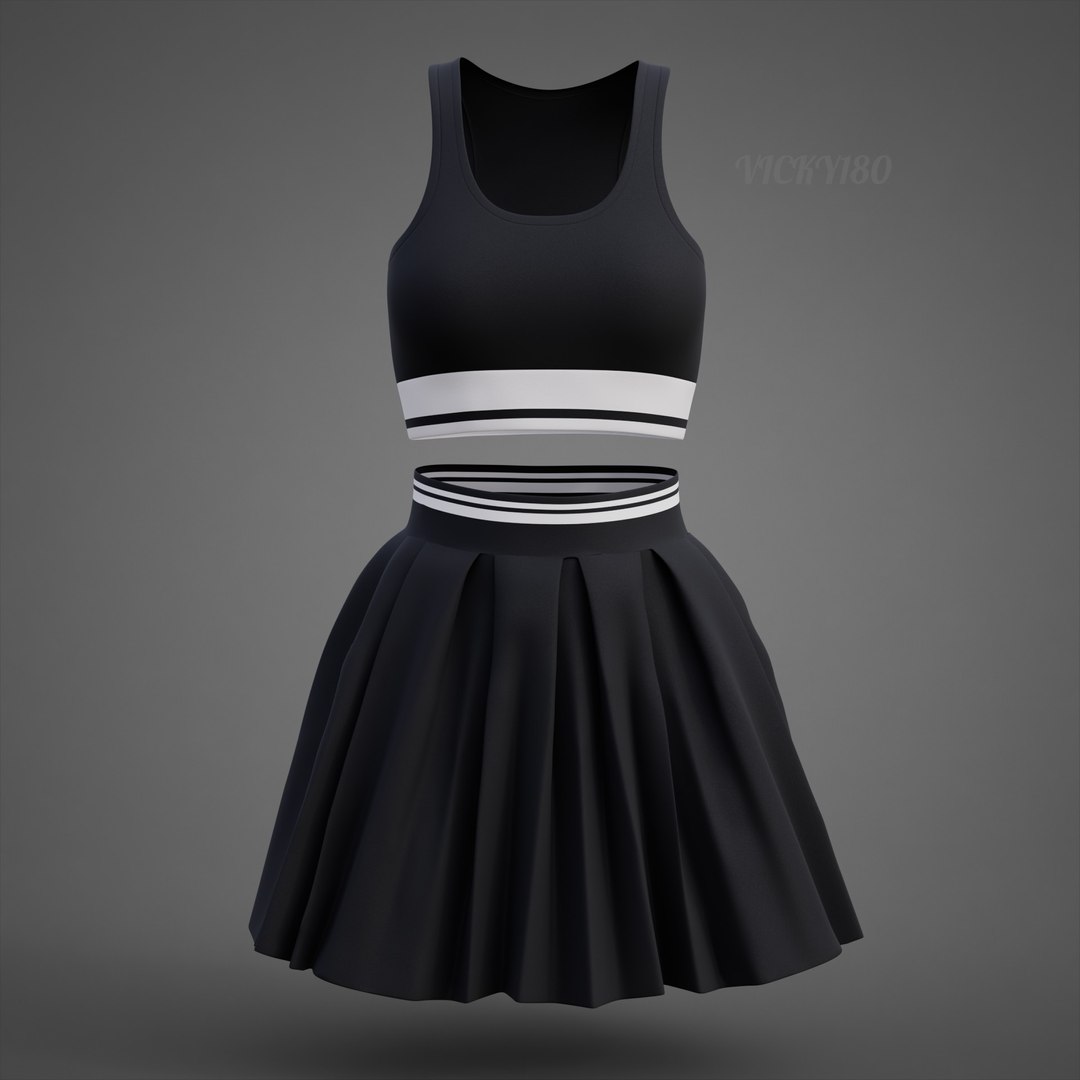 Black and White Sports Wear Tennis Outfit Set - Sports Bra Tank Top with Pleated Mini Skirt Clothing 3D model https://p.turbosquid.com/ts-thumb/x5/8LQvHN/nR/outfit0016/jpg/1783083864/1920x1080/fit_q87/aee4d89f4c546365d046fbeb69807237e46bc625/outfit0016.jpg