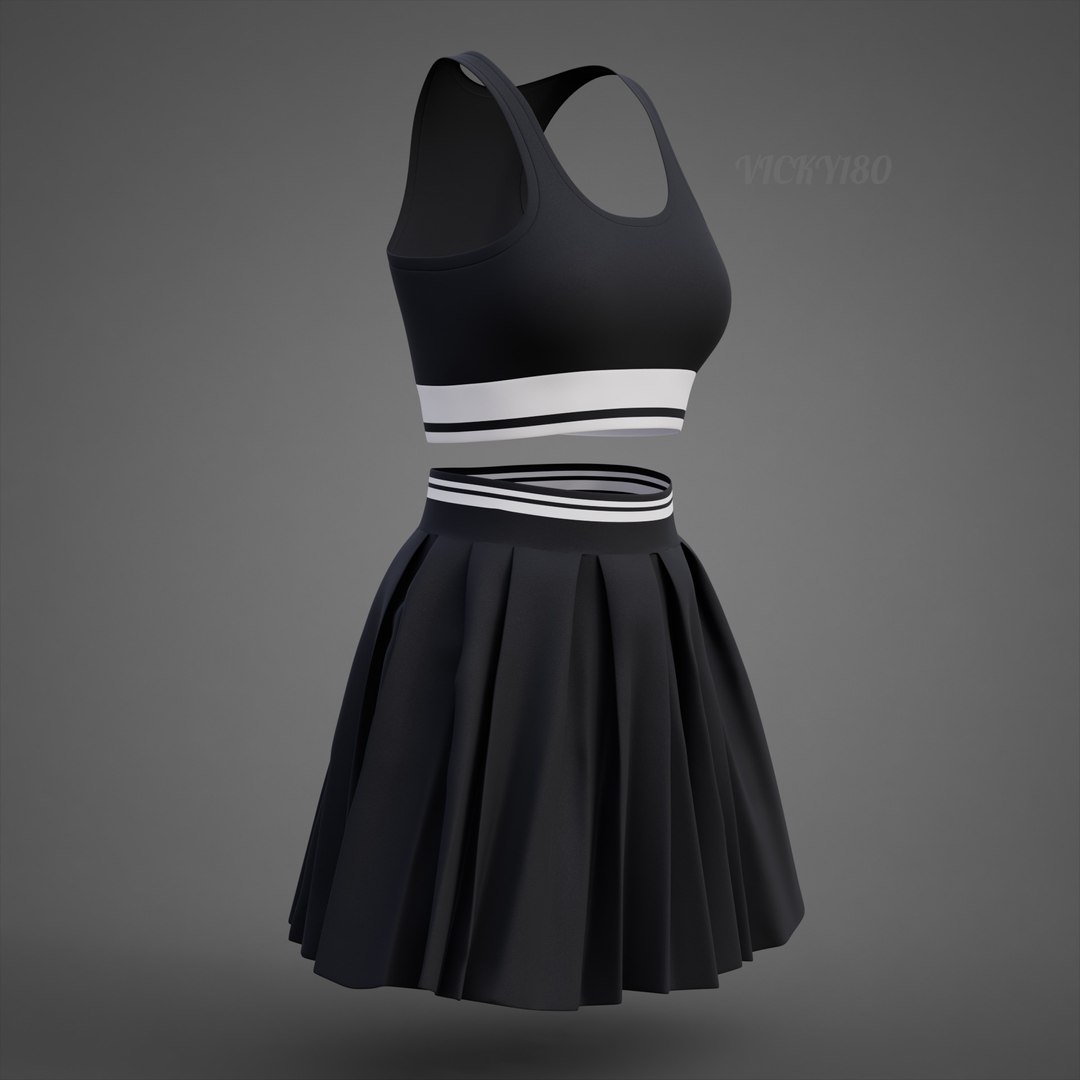 Black and White Sports Wear Tennis Outfit Set - Sports Bra Tank Top with Pleated Mini Skirt Clothing 3D model https://p.turbosquid.com/ts-thumb/x5/8LQvHN/qt/outfit0018/jpg/1783083864/1920x1080/fit_q87/29867040aa39f05a4797181fc95fd5f1d073482b/outfit0018.jpg