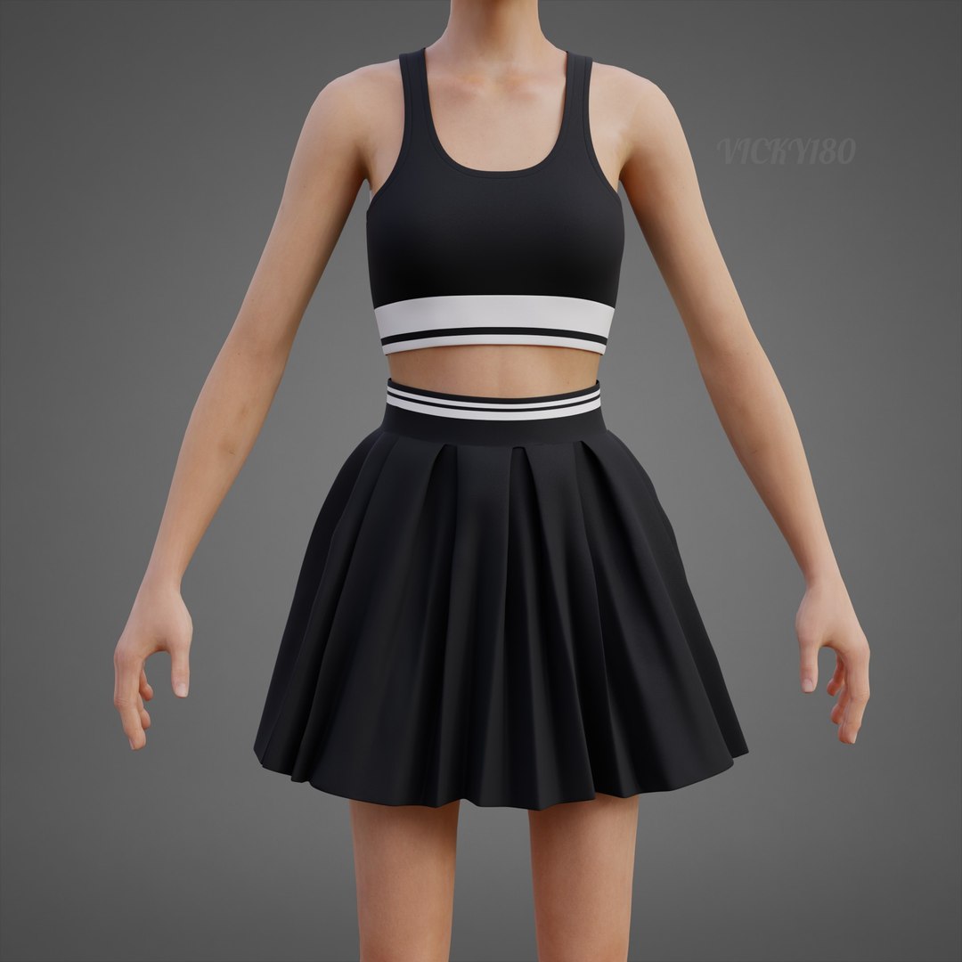 Black and White Sports Wear Tennis Outfit Set - Sports Bra Tank Top with Pleated Mini Skirt Clothing 3D model https://p.turbosquid.com/ts-thumb/x5/8LQvHN/uR/black0001/jpg/1783083858/1920x1080/fit_q87/1abbcd5300f8786a404b727c2c1baf7ca6c4b5df/black0001.jpg