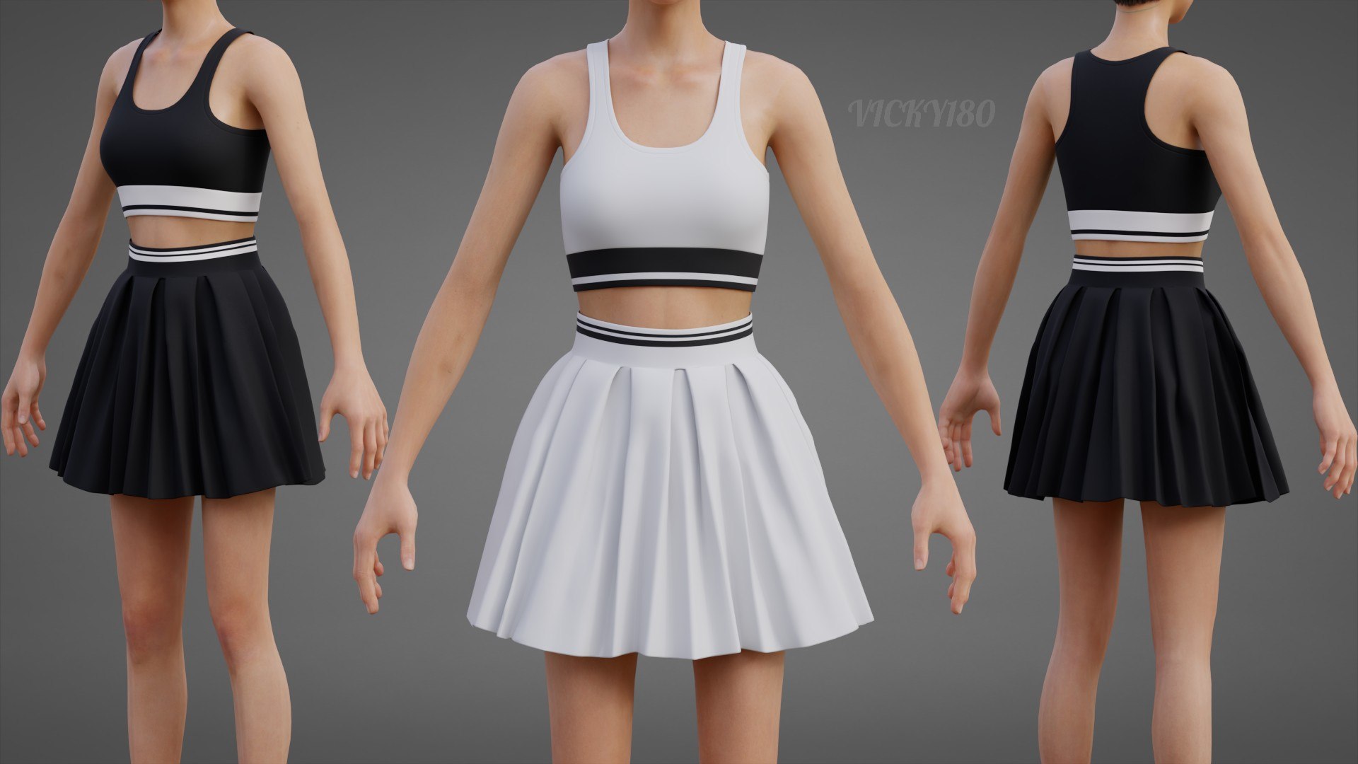 Black and White Sports Wear Tennis Outfit Set - Sports Bra Tank Top with Pleated Mini Skirt Clothing 3D model https://p.turbosquid.com/ts-thumb/x5/8LQvHN/zM/thumbnail5/jpg/1783082811/1920x1080/fit_q87/13e20a1be2f4b26dd54163345bc0c67e430652a4/thumbnail5.jpg