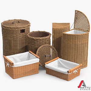 wicker laundry basket rattan 3d model