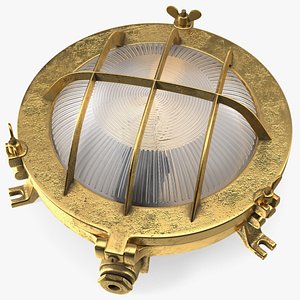 Cage Bulkhead Light Brass with Ribbed Glass On State