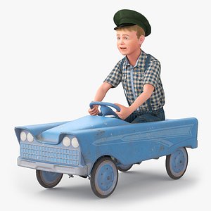 3D Old Vintage Blue Pedal Car with Boy Driver Fur model