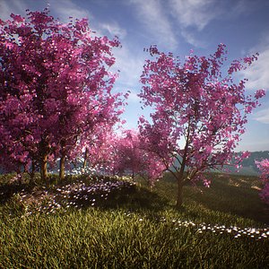 Pink flowering trees forest 3d scene environment