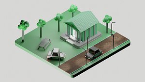 Low poly Isometric 3d Bank with cartoon car 3D model