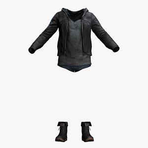 Realistic Female Urban Streetwear - Black Leather Jacket  Hoodie