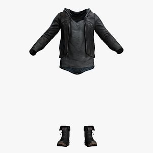 Realistic Female Urban Streetwear - Black Leather Jacket Hoodie