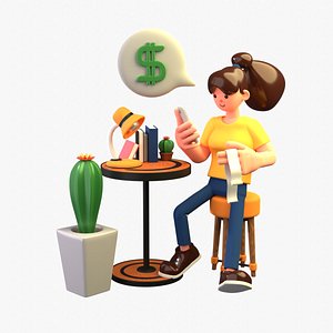 3D Woman doing online bill payment model