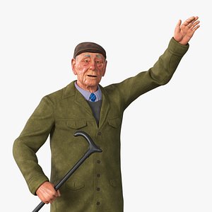 3D Waving Old Man with Stick