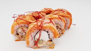 Sushi Rolls with tataki salmon and chili pepper threads 3D