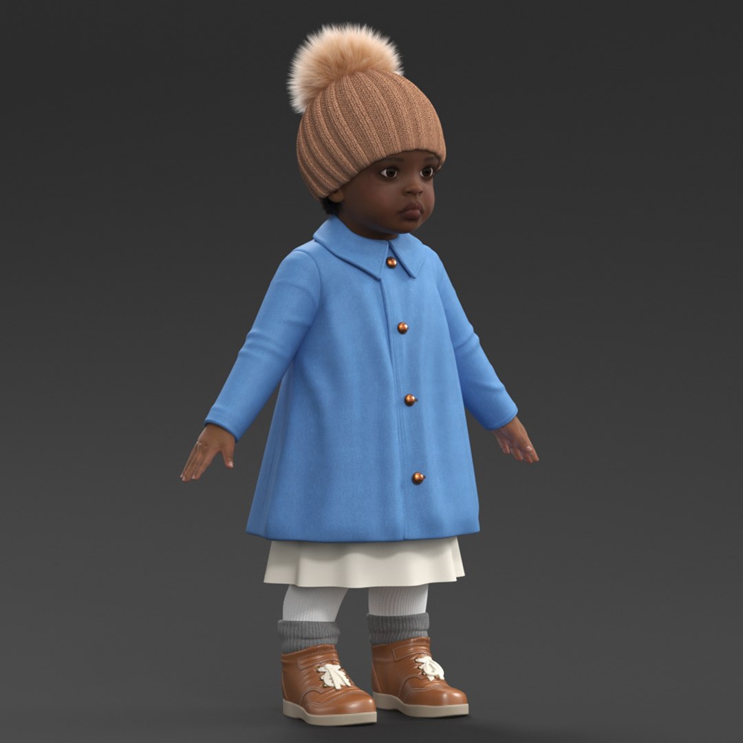 Black Baby Girl Light Skin Outdoor Style A-Pose Fur 3D model preview