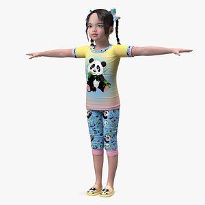 Chinese Girl Child in Home Clothes T-pose 3D model