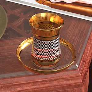 Turkish Tea Glass with Golden Saucer Filled with Tea 3D model