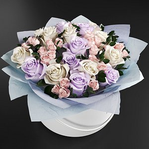 3D Roses in cylinder in white pink and violet colors model