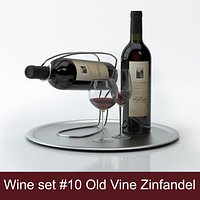 Alcohol set #10: Old Vine Zinfandel red wine bottle, glass, tray, wine holder \ stand (high quality models ready for interior rendering)