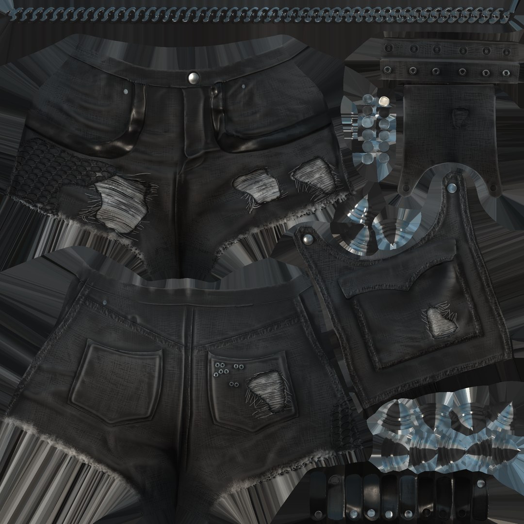 3D Chains and Rivets Decorated Black Torn Shorts https://p.turbosquid.com/ts-thumb/xQ/J6Hvb4/HC/texturemap/png/1661526399/1920x1080/fit_q87/c899b10ec5dd8c999a3c7baa7bc6773551b5d8f1/texturemap.jpg
