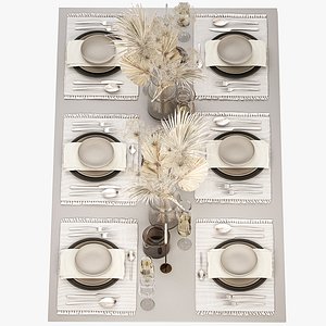 Table setting for 6 persons with a bouquet of dried flowers 2 3D model