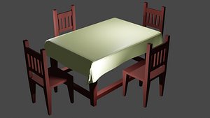 Stylized Wooden Table low-poly table with four chairs ready 3D model model