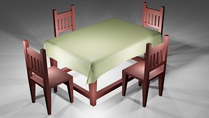 Stylized Wooden Table low-poly table with four chairs ready 3D model model