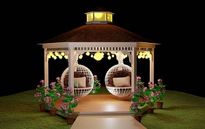 realistic White wooden gazebo with swing chairs and throw pillows hanging 3D model