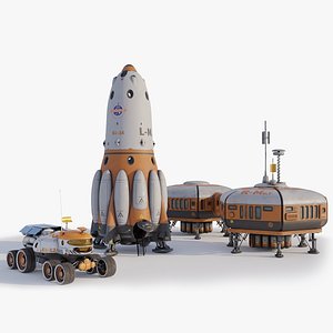 Planetary Collection of Rocket and Explorer Vehicle and Planetary Station with PBR Materials