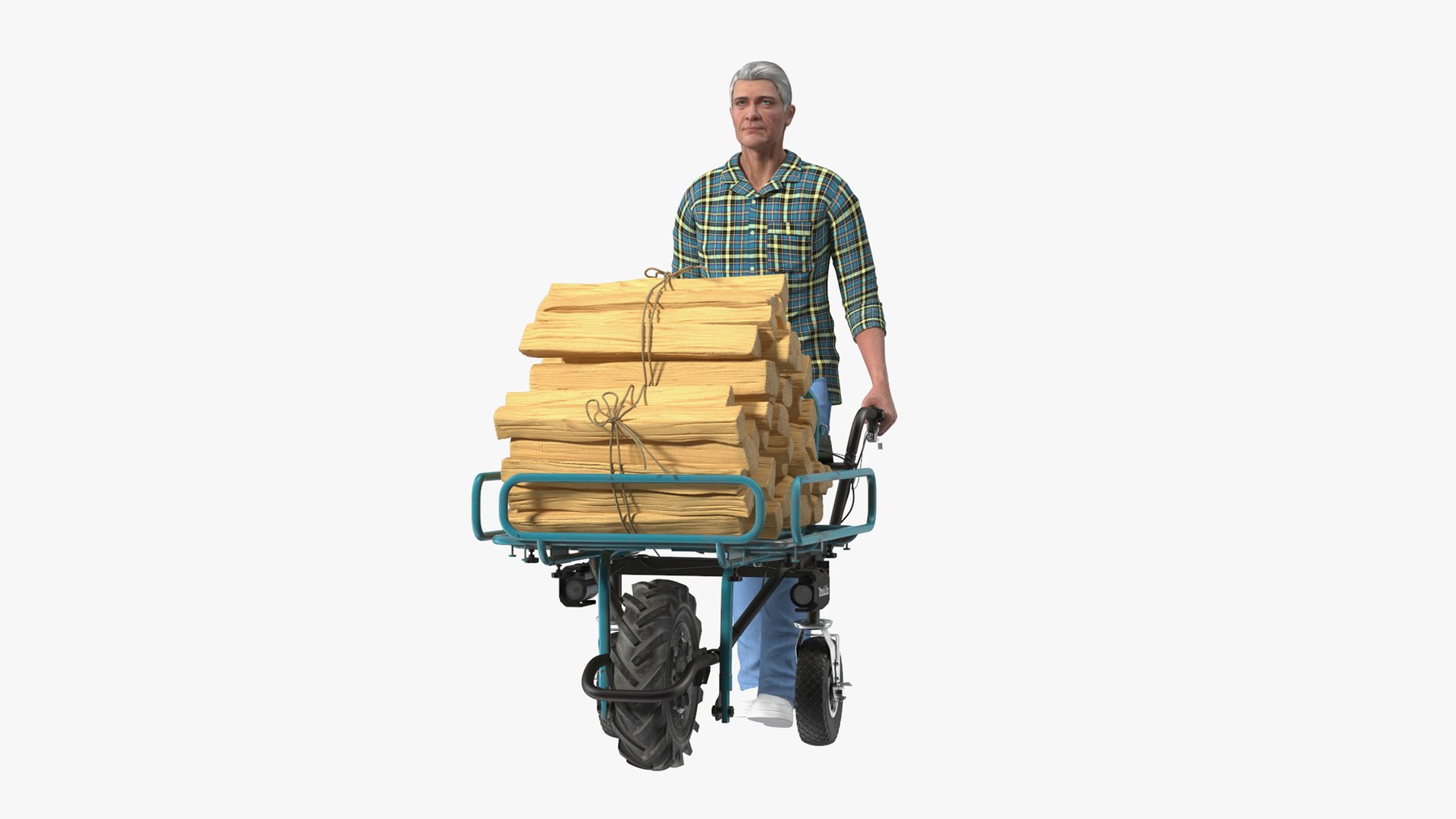 Elderly Man Makita DCU180ZF Electric Wheelbarrow with Wood Rigged for Maya 3D model preview