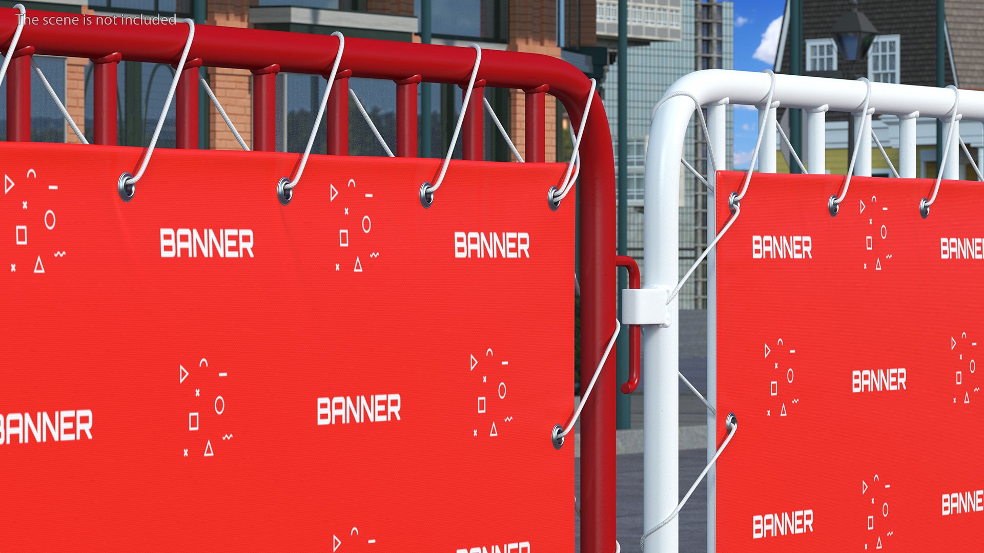 Red and White Crowd Control Barriers Line with Banners 3D model ...