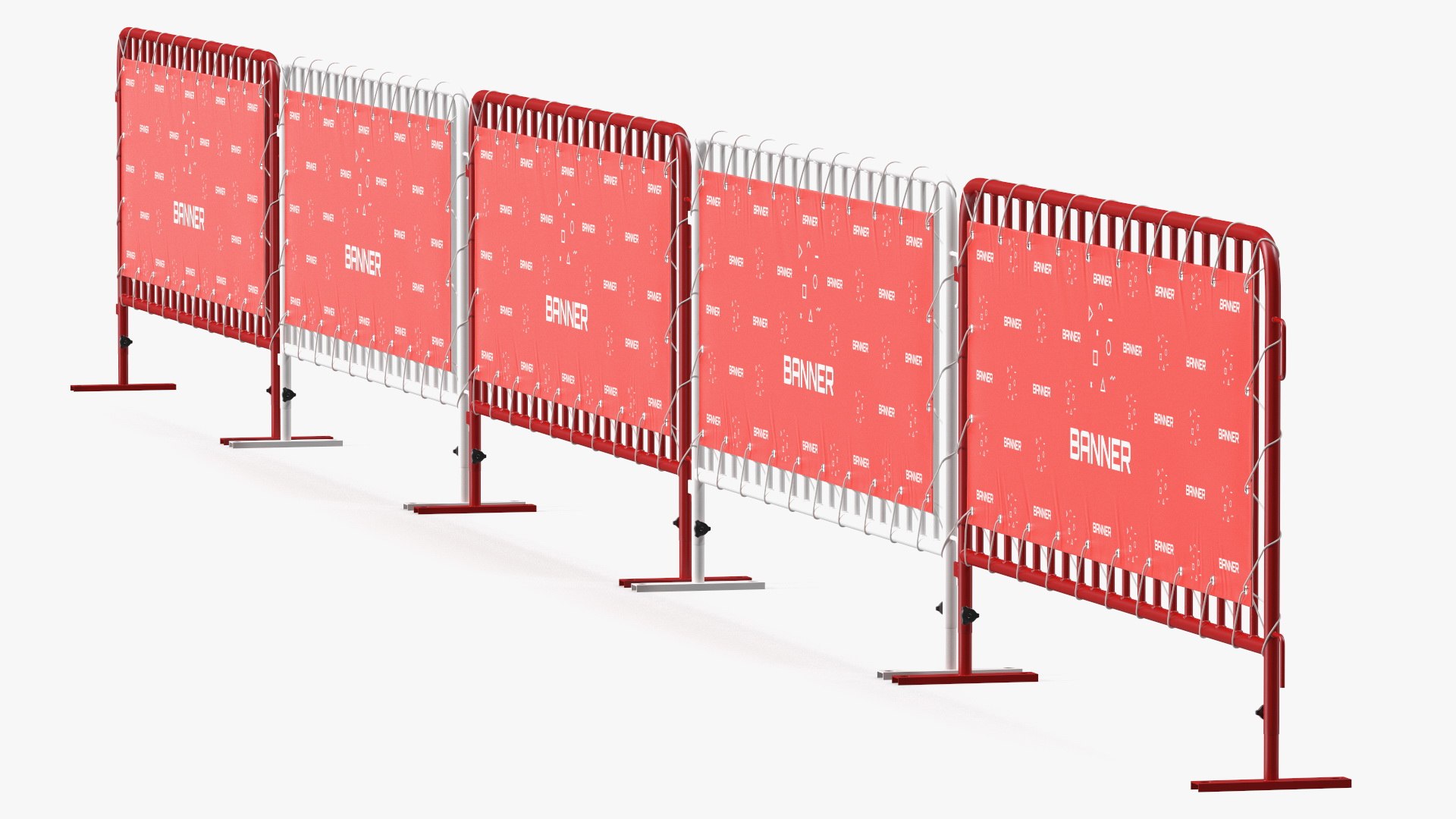 Red and White Crowd Control Barriers Line with Banners 3D model preview