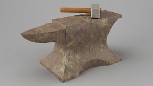 Rusty old anvil with hammer Low-poly 3D model