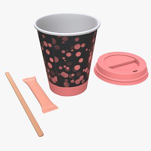Paper coffee cup with lid sugar package wooden stick