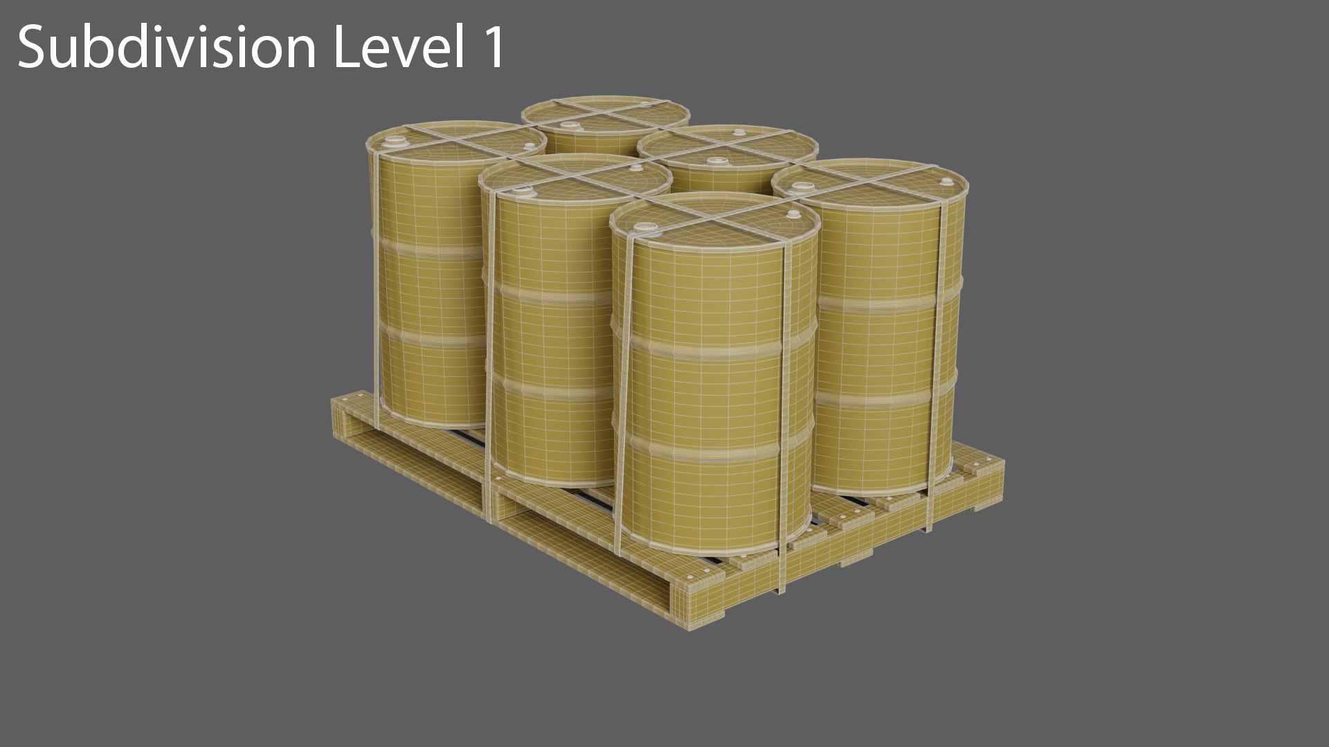 Black Barrels with Pallet model https://p.turbosquid.com/ts-thumb/xZ/IvTEh8/4z/wireframe_subdivisionlevel1/jpg/1704706507/1920x1080/fit_q87/5559424c136d3bb3e5cb1e6eb5801bdf12179dc6/wireframe_subdivisionlevel1.jpg