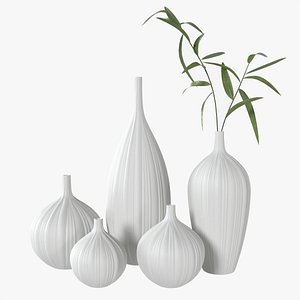 Ceramic white vase set with plants 3D