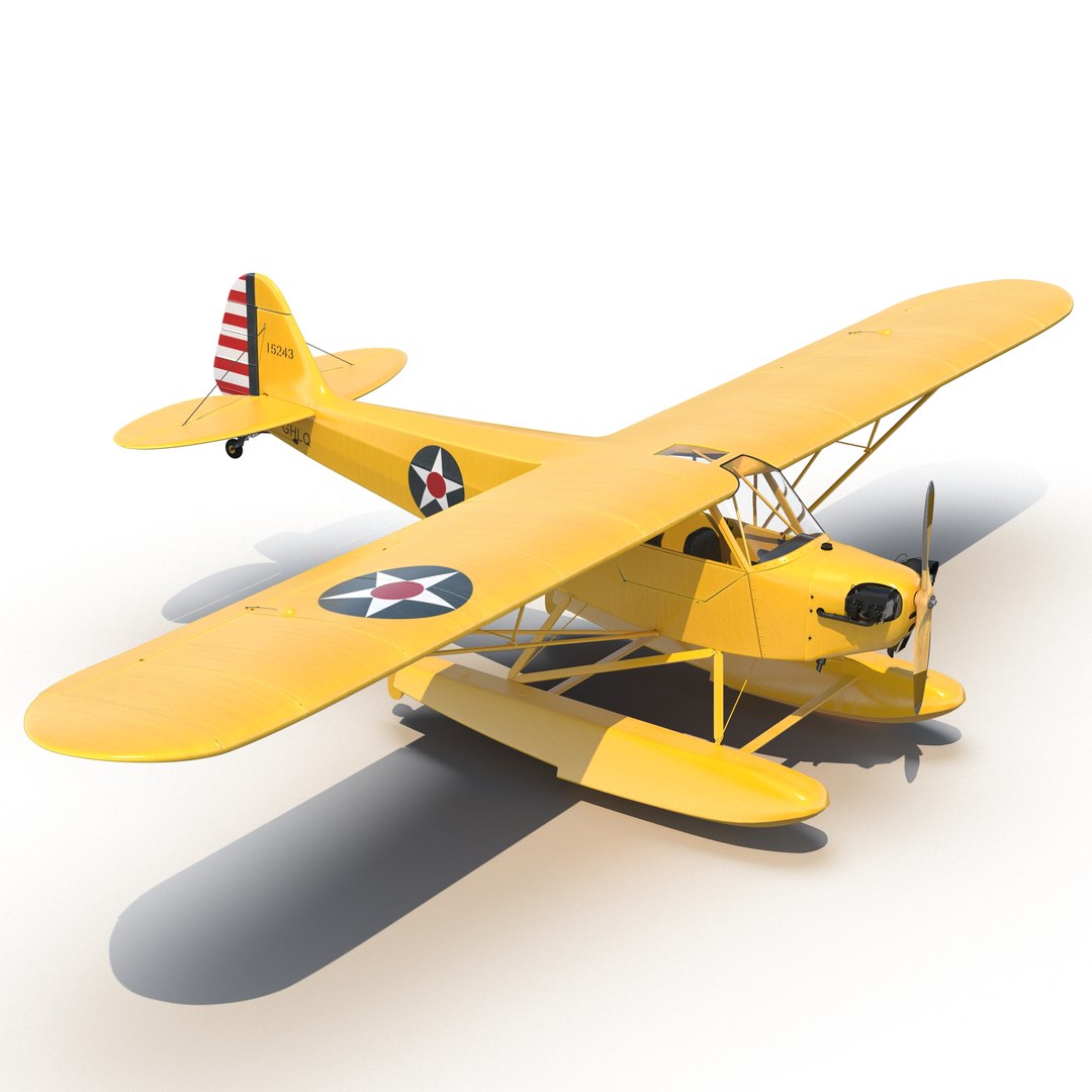 Light Aircraft Piper J 3 Seaplane Yellow 3D model preview