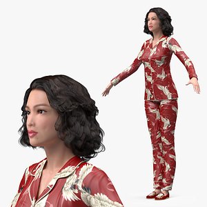 Asian Woman wearing Satin Pijama T Pose 3D