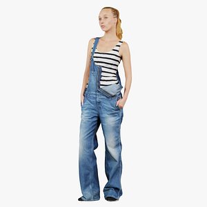 Woman in Jeans Salopet Half Open Remastered 3D model