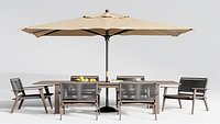 Outdoor Slatted Wood Dining Set with 6 Chairs Rectangular Table and Umbrella
