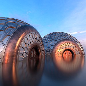 Sci-Fi small  big glass hexagon domes with doors 3D model
