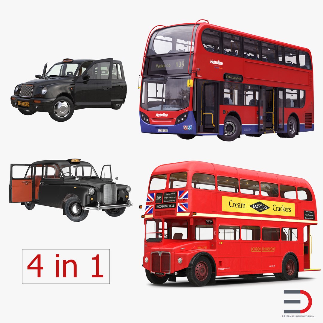 London Bus and Taxi Rigged Vehicle Set 2 3D model preview
