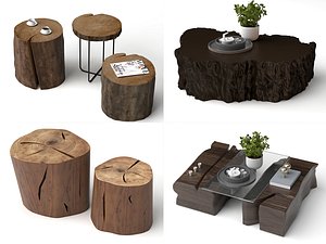 3D Live Edge Wood Stump Coffee Table Trunk Furniture Set PBR