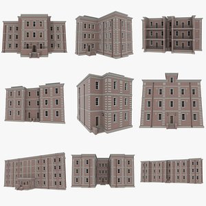 3d set brick apartment buildings