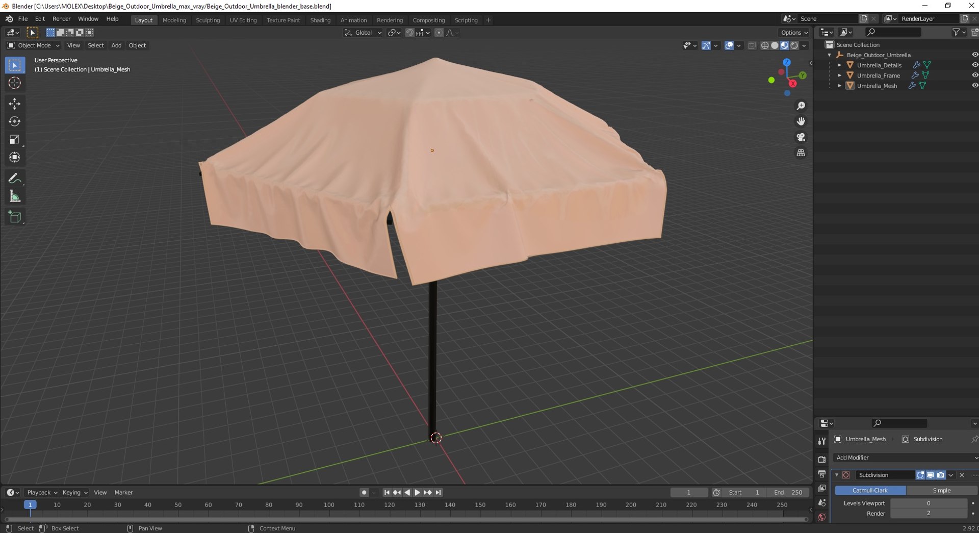 Beige Outdoor Umbrella 3D model https://p.turbosquid.com/ts-thumb/xk/tzYOpy/9K/beigeoutdoorumbrellamb3dmodel029/jpg/1696615706/1920x1080/fit_q87/0f90421440fb306e07eca842914d376365fcffdc/beigeoutdoorumbrellamb3dmodel029.jpg