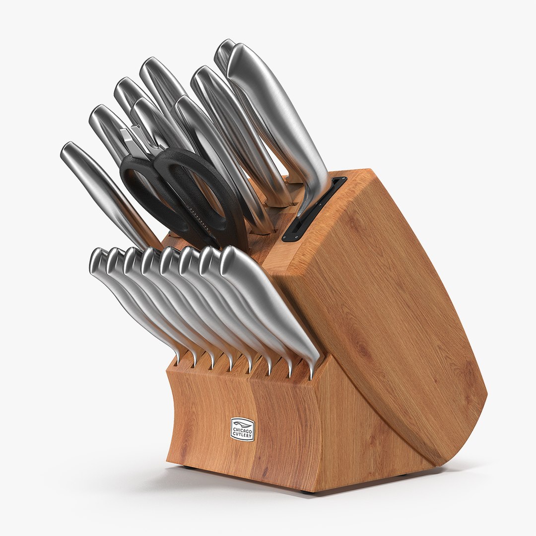 Stainless Steel Knife Wooden Block Set 3D model preview