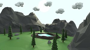 Low Poly Mountain with Crater Lake Scene