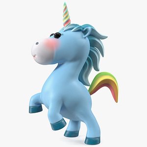 3D Blue Cartoon Unicorn Jumping Pose