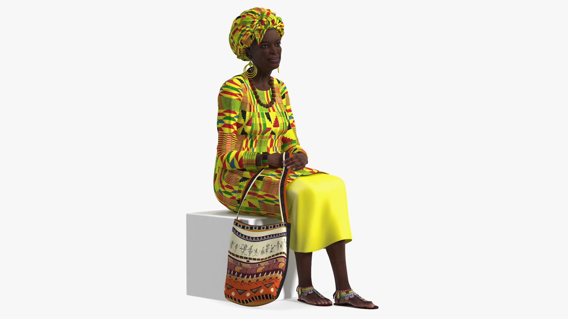 African Woman Wearing Traditional Clothes Sitting Pose 3D model preview