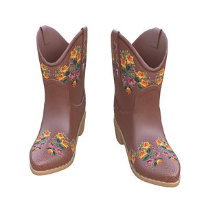 3D Brown Leather Cowgirl Boots model