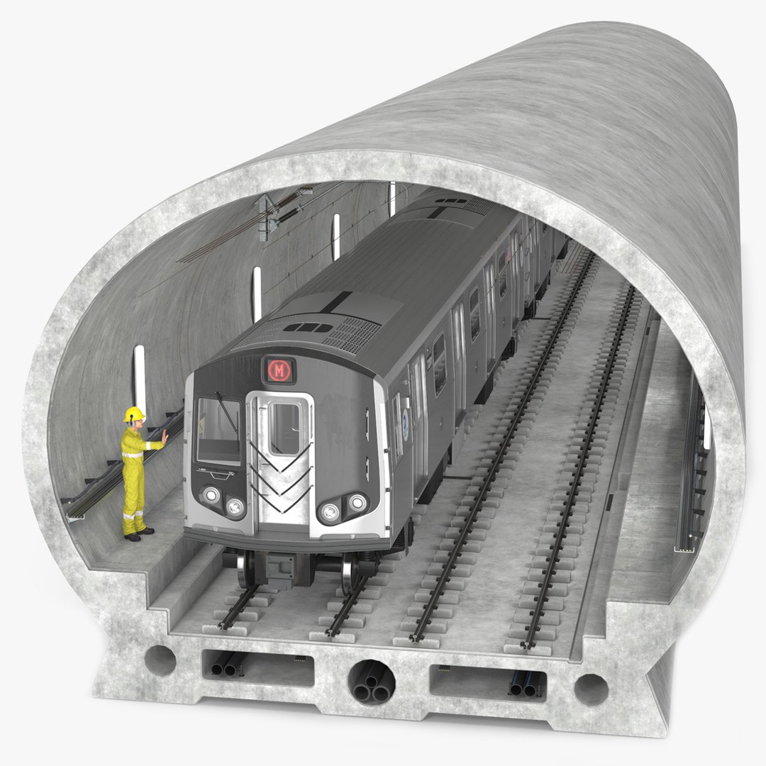Subway Tunnel Section with Train and Worker