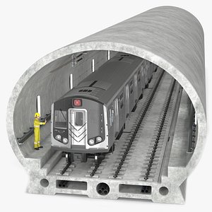 Subway Tunnel Section with Train and Worker 3D