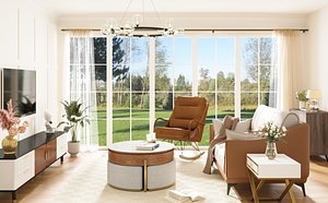Mid Century Modern Living Room Interior 3D Scene